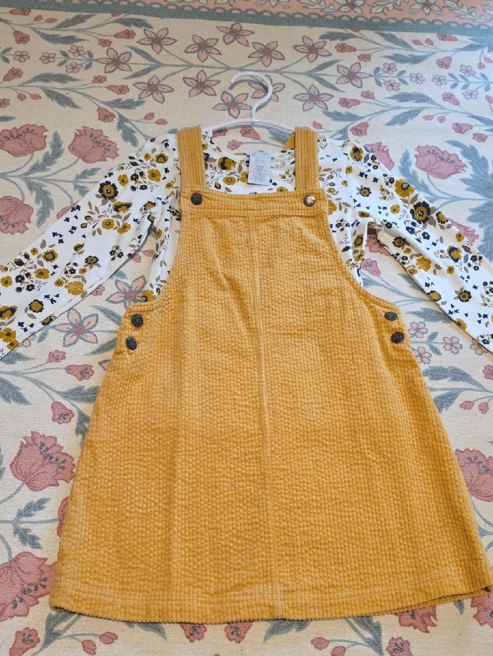 Tahari Mustard Yellow Corduroy Pinafore with Floral Top